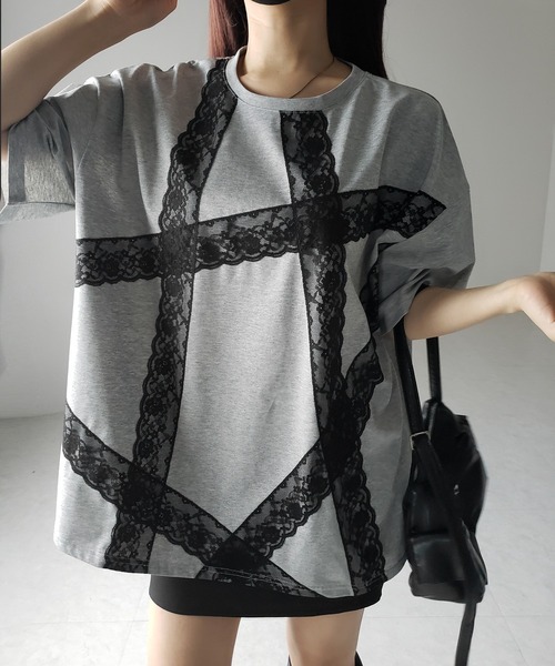 me+em select(ミームセレクト)の「※※【 3color 】レースラインバレエコアビッグTシャツ / lace line balletcore big T-shirts(Tシャツ/カットソー・レディース・ブラック/ホワイト/グレー・FREE)」の1枚目の写真