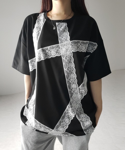 me+em select(ミームセレクト)の「※※【 3color 】レースラインバレエコアビッグTシャツ / lace line balletcore big T-shirts(Tシャツ/カットソー・レディース・ブラック/ホワイト/グレー・FREE)」の3枚目の写真