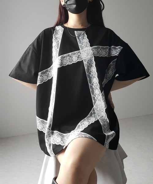 me+em select(ミームセレクト)の「※※【 3color 】レースラインバレエコアビッグTシャツ / lace line balletcore big T-shirts(Tシャツ/カットソー・レディース・ブラック/ホワイト/グレー・FREE)」の15枚目の写真