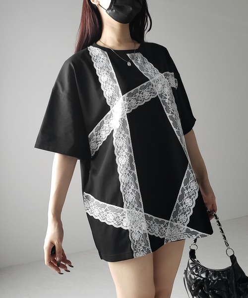 me+em select(ミームセレクト)の「※※【 3color 】レースラインバレエコアビッグTシャツ / lace line balletcore big T-shirts(Tシャツ/カットソー・レディース・ブラック/ホワイト/グレー・FREE)」の21枚目の写真