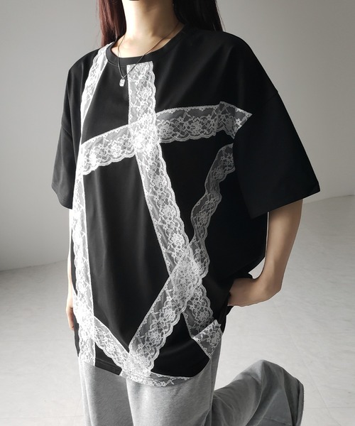 me+em select(ミームセレクト)の「※※【 3color 】レースラインバレエコアビッグTシャツ / lace line balletcore big T-shirts(Tシャツ/カットソー・レディース・ブラック/ホワイト/グレー・FREE)」の22枚目の写真
