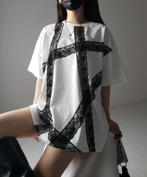 me+em select(ミームセレクト)の「※※【 3color 】レースラインバレエコアビッグTシャツ / lace line balletcore big T-shirts(Tシャツ/カットソー・レディース・ブラック/ホワイト/グレー・FREE)」の6枚目の写真