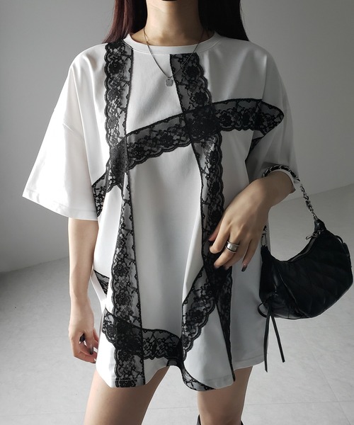me+em select(ミームセレクト)の「※※【 3color 】レースラインバレエコアビッグTシャツ / lace line balletcore big T-shirts(Tシャツ/カットソー・レディース・ブラック/ホワイト/グレー・FREE)」の8枚目の写真