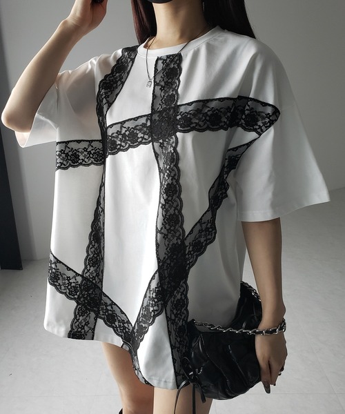 me+em select(ミームセレクト)の「※※【 3color 】レースラインバレエコアビッグTシャツ / lace line balletcore big T-shirts(Tシャツ/カットソー・レディース・ブラック/ホワイト/グレー・FREE)」の9枚目の写真