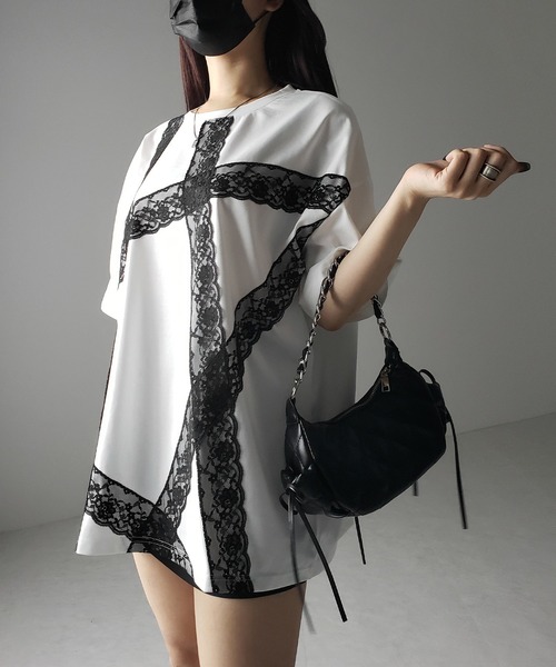 me+em select(ミームセレクト)の「※※【 3color 】レースラインバレエコアビッグTシャツ / lace line balletcore big T-shirts(Tシャツ/カットソー・レディース・ブラック/ホワイト/グレー・FREE)」の10枚目の写真