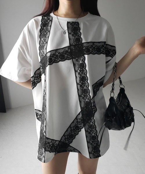 me+em select(ミームセレクト)の「※※【 3color 】レースラインバレエコアビッグTシャツ / lace line balletcore big T-shirts(Tシャツ/カットソー・レディース・ブラック/ホワイト/グレー・FREE)」の7枚目の写真