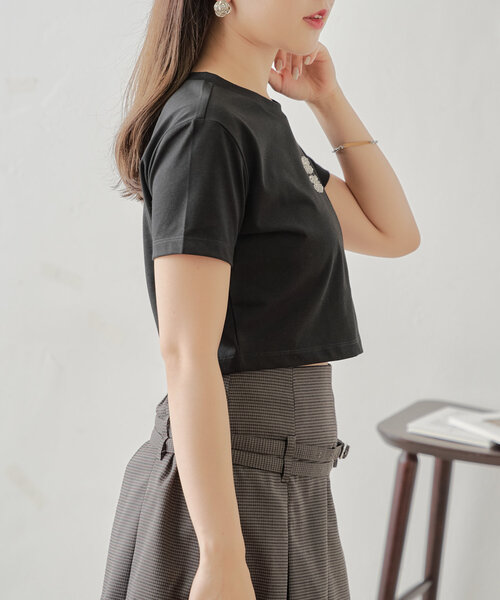 Chico(チコ)の「ビーズロゴ入り刺繍チビT(Tシャツ/カットソー・レディース・ブラック/グレイッシュベージュ/ホワイト/レッド・FREE)」の18枚目の写真
