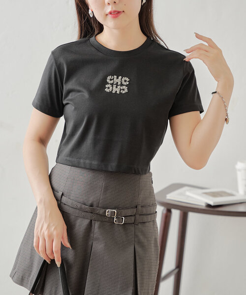 Chico(チコ)の「ビーズロゴ入り刺繍チビT(Tシャツ/カットソー・レディース・ブラック/グレイッシュベージュ/ホワイト/レッド・FREE)」の6枚目の写真