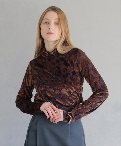 &g'aime（アンジェム）の「【&g’aime】微光沢フロッキー総柄シアートップス　FLOCKY PRINT SHEER TURTLENECK TOPS（Tシャツ/カットソー・レディース・ブラック/ベージュ/パープル・FREE）」の2枚目の写真