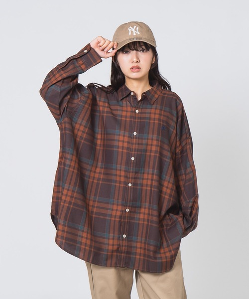 BEVERLY HILLS POLO CLUB(ビバリーヒルズポロクラブ)の「【BEVERLY HILLS POLO CLUB/ビバリーヒルズポロクラブ】スーパーワイド&BIGシルエット チェック柄デザイン レギュラーカラー ロングスリーブシャツ/長袖シャツ(シャツ/ブラウス・レディース・オレンジ/ブラック/ネイビー/グレー・MEDIUM)」の4枚目の写真