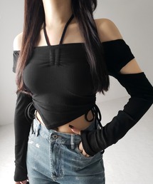 ※※【 2color 】3ストラップシャーリングリボンオフショルリブトップス / 3-strap shirring ribbon off shoulder rib tops