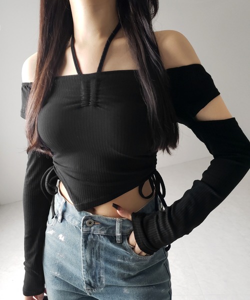 me+em select(ミームセレクト)の「※※【 2color 】3ストラップシャーリングリボンオフショルリブトップス / 3-strap shirring ribbon off shoulder rib tops(Tシャツ/カットソー・レディース・ブラック/チャコール・FREE)」の1枚目の写真