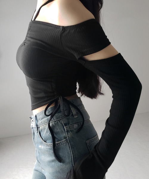 me+em select(ミームセレクト)の「※※【 2color 】3ストラップシャーリングリボンオフショルリブトップス / 3-strap shirring ribbon off shoulder rib tops(Tシャツ/カットソー・レディース・ブラック/チャコール・FREE)」の5枚目の写真