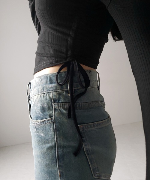 me+em select(ミームセレクト)の「※※【 2color 】3ストラップシャーリングリボンオフショルリブトップス / 3-strap shirring ribbon off shoulder rib tops(Tシャツ/カットソー・レディース・ブラック/チャコール・FREE)」の6枚目の写真