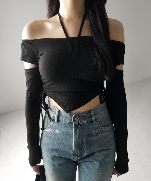 me+em select(ミームセレクト)の「※※【 2color 】3ストラップシャーリングリボンオフショルリブトップス / 3-strap shirring ribbon off shoulder rib tops(Tシャツ/カットソー・レディース・ブラック/チャコール・FREE)」の7枚目の写真