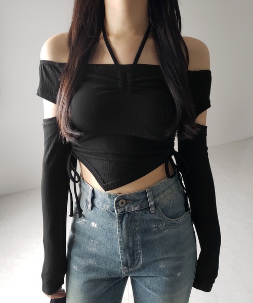 me+em select(ミームセレクト)の「※※【 2color 】3ストラップシャーリングリボンオフショルリブトップス / 3-strap shirring ribbon off shoulder rib tops(Tシャツ/カットソー・レディース・ブラック/チャコール・FREE)」の10枚目の写真