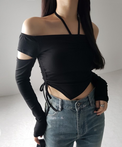 me+em select(ミームセレクト)の「※※【 2color 】3ストラップシャーリングリボンオフショルリブトップス / 3-strap shirring ribbon off shoulder rib tops(Tシャツ/カットソー・レディース・ブラック/チャコール・FREE)」の8枚目の写真