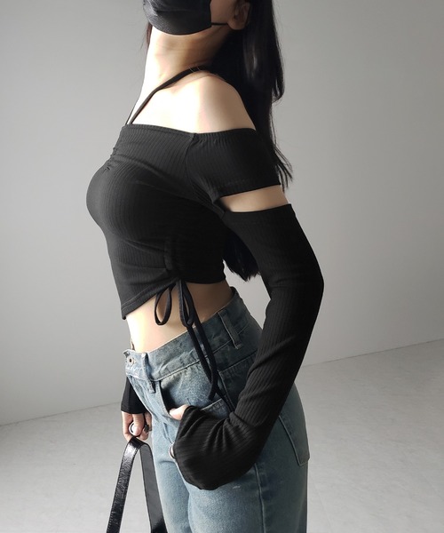 me+em select(ミームセレクト)の「※※【 2color 】3ストラップシャーリングリボンオフショルリブトップス / 3-strap shirring ribbon off shoulder rib tops(Tシャツ/カットソー・レディース・ブラック/チャコール・FREE)」の11枚目の写真
