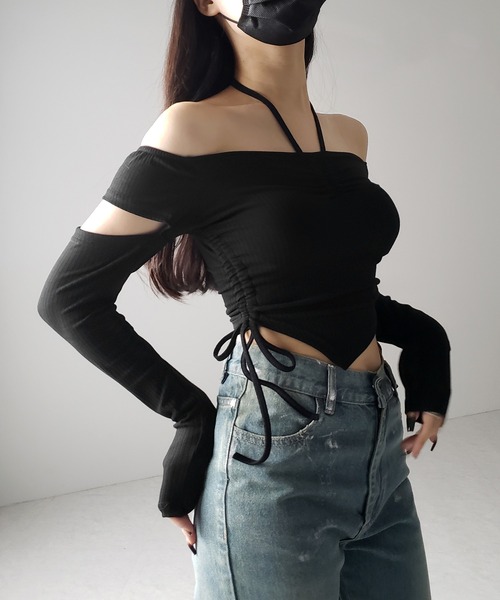 me+em select(ミームセレクト)の「※※【 2color 】3ストラップシャーリングリボンオフショルリブトップス / 3-strap shirring ribbon off shoulder rib tops(Tシャツ/カットソー・レディース・ブラック/チャコール・FREE)」の12枚目の写真