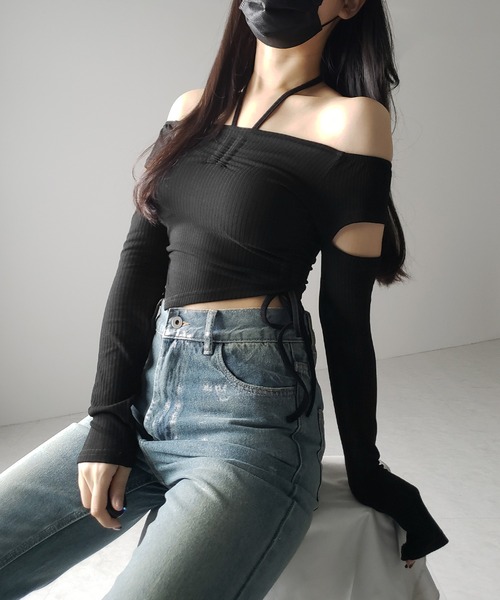 me+em select(ミームセレクト)の「※※【 2color 】3ストラップシャーリングリボンオフショルリブトップス / 3-strap shirring ribbon off shoulder rib tops(Tシャツ/カットソー・レディース・ブラック/チャコール・FREE)」の13枚目の写真