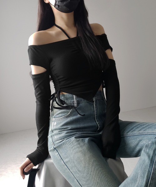 me+em select(ミームセレクト)の「※※【 2color 】3ストラップシャーリングリボンオフショルリブトップス / 3-strap shirring ribbon off shoulder rib tops(Tシャツ/カットソー・レディース・ブラック/チャコール・FREE)」の14枚目の写真