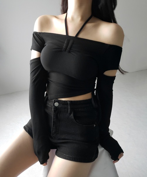 me+em select(ミームセレクト)の「※※【 2color 】3ストラップシャーリングリボンオフショルリブトップス / 3-strap shirring ribbon off shoulder rib tops(Tシャツ/カットソー・レディース・ブラック/チャコール・FREE)」の15枚目の写真