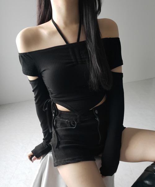 me+em select(ミームセレクト)の「※※【 2color 】3ストラップシャーリングリボンオフショルリブトップス / 3-strap shirring ribbon off shoulder rib tops(Tシャツ/カットソー・レディース・ブラック/チャコール・FREE)」の16枚目の写真