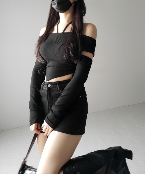 me+em select(ミームセレクト)の「※※【 2color 】3ストラップシャーリングリボンオフショルリブトップス / 3-strap shirring ribbon off shoulder rib tops(Tシャツ/カットソー・レディース・ブラック/チャコール・FREE)」の17枚目の写真