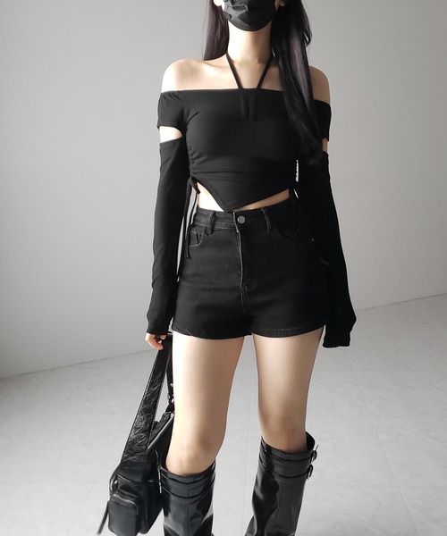 me+em select(ミームセレクト)の「※※【 2color 】3ストラップシャーリングリボンオフショルリブトップス / 3-strap shirring ribbon off shoulder rib tops(Tシャツ/カットソー・レディース・ブラック/チャコール・FREE)」の19枚目の写真