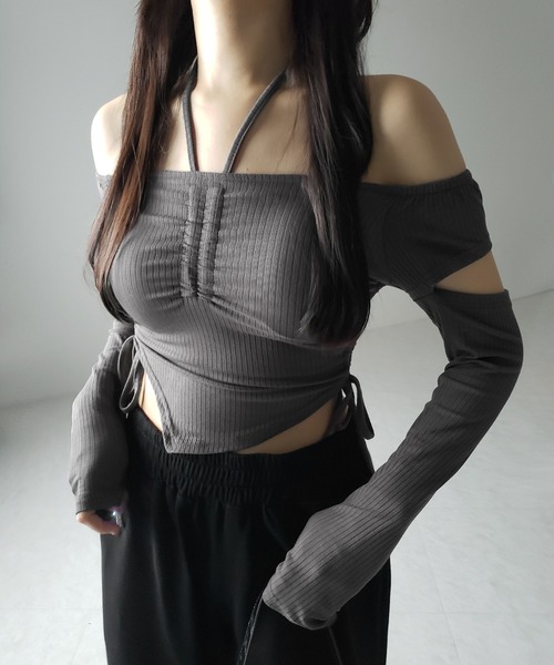 me+em select(ミームセレクト)の「※※【 2color 】3ストラップシャーリングリボンオフショルリブトップス / 3-strap shirring ribbon off shoulder rib tops(Tシャツ/カットソー・レディース・ブラック/チャコール・FREE)」の20枚目の写真