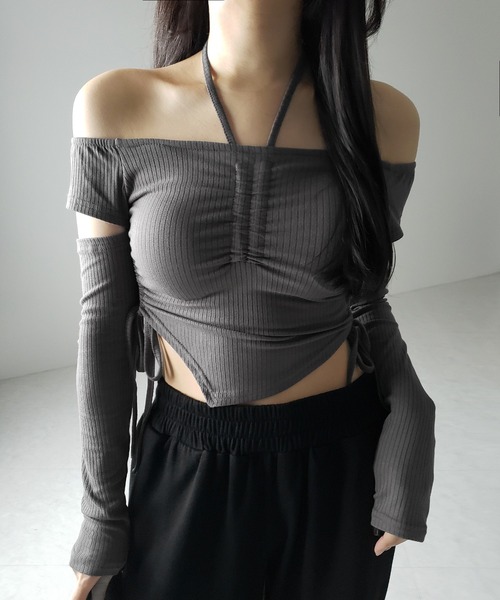 me+em select(ミームセレクト)の「※※【 2color 】3ストラップシャーリングリボンオフショルリブトップス / 3-strap shirring ribbon off shoulder rib tops(Tシャツ/カットソー・レディース・ブラック/チャコール・FREE)」の21枚目の写真