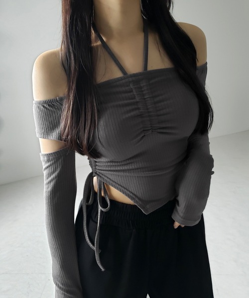 me+em select(ミームセレクト)の「※※【 2color 】3ストラップシャーリングリボンオフショルリブトップス / 3-strap shirring ribbon off shoulder rib tops(Tシャツ/カットソー・レディース・ブラック/チャコール・FREE)」の22枚目の写真