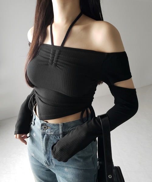 me+em select(ミームセレクト)の「※※【 2color 】3ストラップシャーリングリボンオフショルリブトップス / 3-strap shirring ribbon off shoulder rib tops(Tシャツ/カットソー・レディース・ブラック/チャコール・FREE)」の4枚目の写真