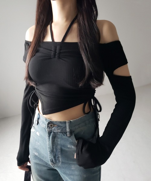 me+em select(ミームセレクト)の「※※【 2color 】3ストラップシャーリングリボンオフショルリブトップス / 3-strap shirring ribbon off shoulder rib tops(Tシャツ/カットソー・レディース・ブラック/チャコール・FREE)」の9枚目の写真