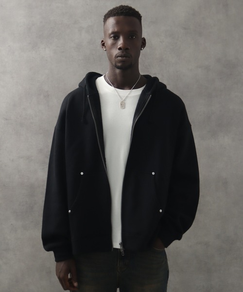 LANDNESS(ランドネス)の「【LANDNESS/ランドネス】ヘビーウェイト裏起毛 ダブルニーリベットデザイン オーバージップアップパーカー(パーカー・メンズ・ホワイト/ブラック/ブラック系その他/ブルー・S/M/L)」の2枚目の写真