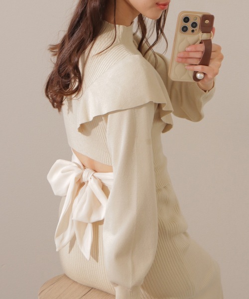 Lace Ladies(レースレディース)の「2点セット バックリボン フリル リブ ニット トップス スカート セットアップ(セットアップ・レディース・ベージュ/グレー/ブラック・FREE/S)」の1枚目の写真