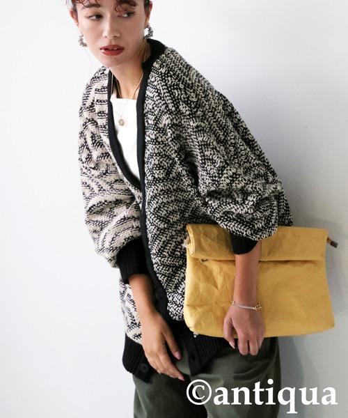 antiqua(アンティカ)の「青海波柄ニットカーディガン(ニット/セーター・レディース・ブラック×ベージュ・ONESIZE)」の8枚目の写真