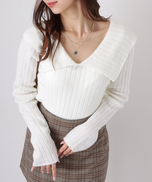 Lace Ladies(レースレディース)の「襟付き タイトシルエット Vネック リブ ニット セーター トップス(ニット/セーター・レディース・ダークグレー/レッド/ライトグレー/ピンク/ホワイト/アイボリー・FREE)」の1枚目の写真
