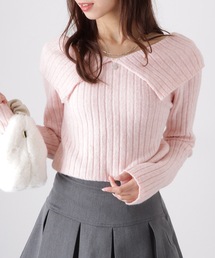 リッチ　ella_selectshop 襟付きＶネック　ボーダーカットソー セール】襟付きVネックラインニットプルオーバー（ニット
