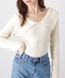 リッチ　ella_selectshop 襟付きＶネック　ボーダーカットソー セール】襟付きVネックラインニットプルオーバー（ニット