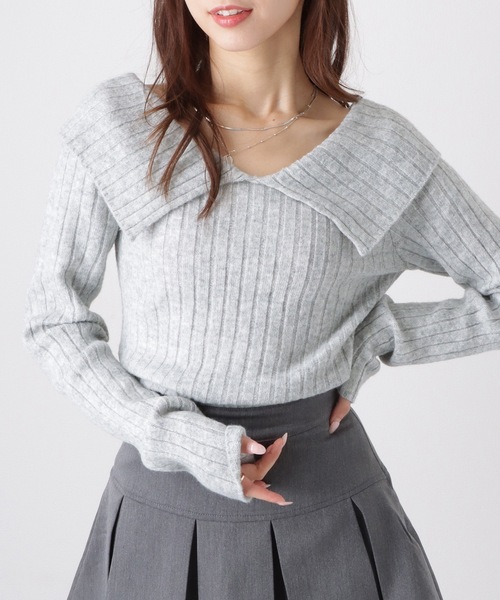 Lace Ladies(レースレディース)の「襟付き タイトシルエット Vネック リブ ニット セーター トップス(ニット/セーター・レディース・ダークグレー/レッド/ライトグレー/ピンク/ホワイト/アイボリー・FREE)」の3枚目の写真