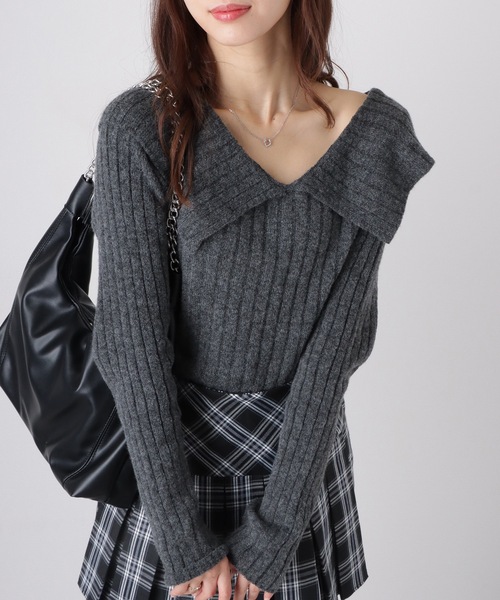 Lace Ladies(レースレディース)の「襟付き タイトシルエット Vネック リブ ニット セーター トップス(ニット/セーター・レディース・ダークグレー/レッド/ライトグレー/ピンク/ホワイト/アイボリー・FREE)」の7枚目の写真