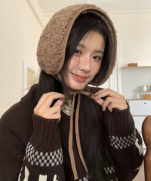 shopnikoniko（ショップニコニコ）の「耳当て ボア イヤーマフ もこもこ 紐付き 耳あて イヤマフ（イヤーマフ・レディース・ブラウン/ホワイト/ブラック・フリー）」の3枚目の写真