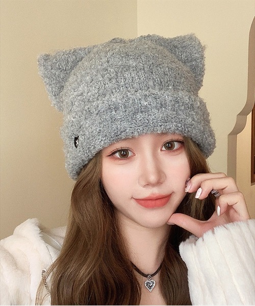 BAYBLO（ベイブロ）の「(SB)モールニット 猫耳 ニット帽子（ニットキャップ/ビーニー・レディース・ブラック/ベージュ/グレー/オフホワイト・FREE）」の3枚目の写真