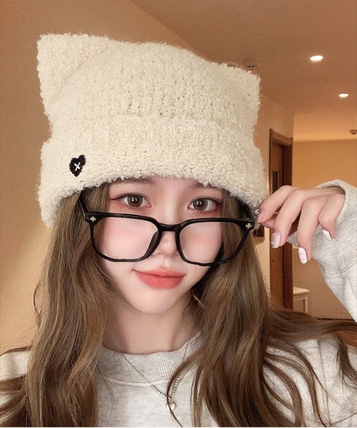 BAYBLO（ベイブロ）の「(SB)モールニット 猫耳 ニット帽子（ニットキャップ/ビーニー・レディース・ブラック/ベージュ/グレー/オフホワイト・FREE）」の2枚目の写真