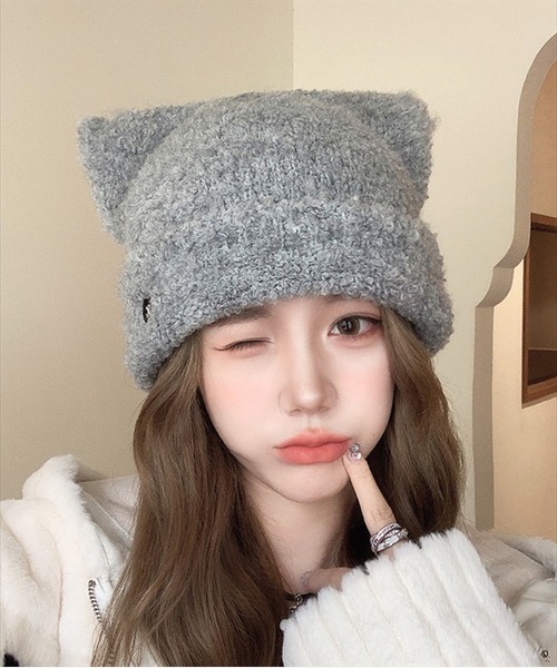 BAYBLO（ベイブロ）の「(SB)モールニット 猫耳 ニット帽子（ニットキャップ/ビーニー・レディース・ブラック/ベージュ/グレー/オフホワイト・FREE）」の7枚目の写真