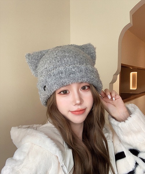 BAYBLO（ベイブロ）の「(SB)モールニット 猫耳 ニット帽子（ニットキャップ/ビーニー・レディース・ブラック/ベージュ/グレー/オフホワイト・FREE）」の6枚目の写真