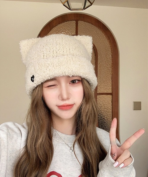 BAYBLO（ベイブロ）の「(SB)モールニット 猫耳 ニット帽子（ニットキャップ/ビーニー・レディース・ブラック/ベージュ/グレー/オフホワイト・FREE）」の8枚目の写真