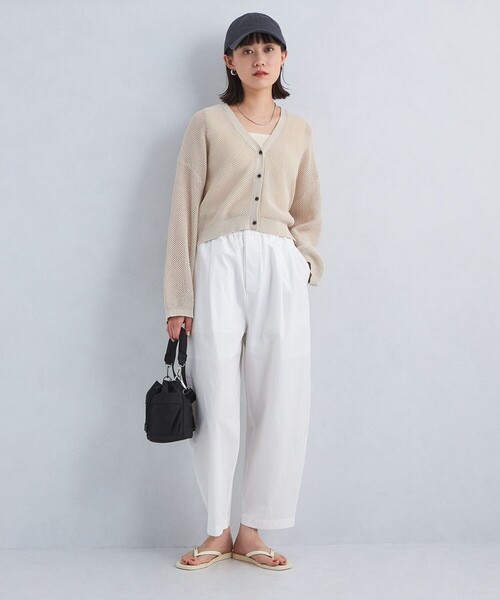 【新品】グリーンレーベル メッシュクロップドニット ウォッシャブル オフホワイト セール】メッシュ クロップド Vネック ニット カーディガン