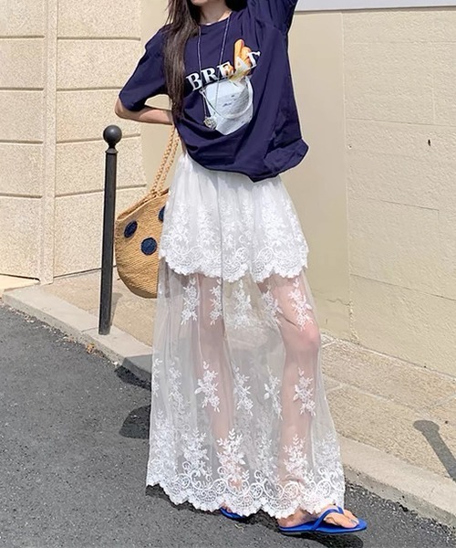 gossip!ロサンゼルス(ゴシップロサンゼルス)の「Y2K 総レース ハイウエスト フレア ロングスカート(スカート・レディース・オフホワイト/ホワイト/ブラック・FREE)」の11枚目の写真